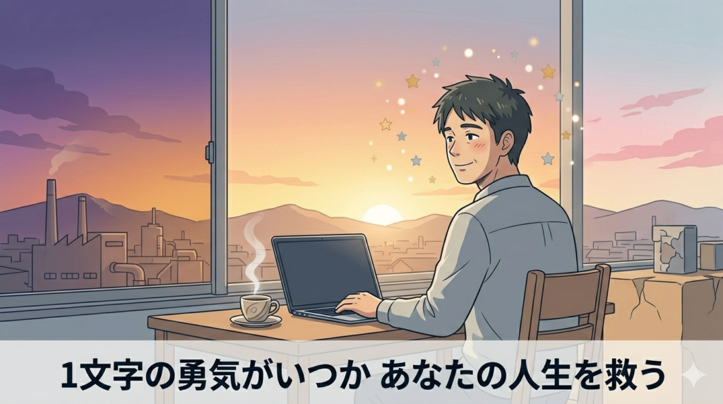 夜明けの空を背景に、ノートパソコンの前で静かに微笑んでいる40代日本人男性のイラスト。窓の外にオレンジと紫のグラデーションの夜明け。「長い夜が終わり、新しい朝が来た」希望と達成感の雰囲気。