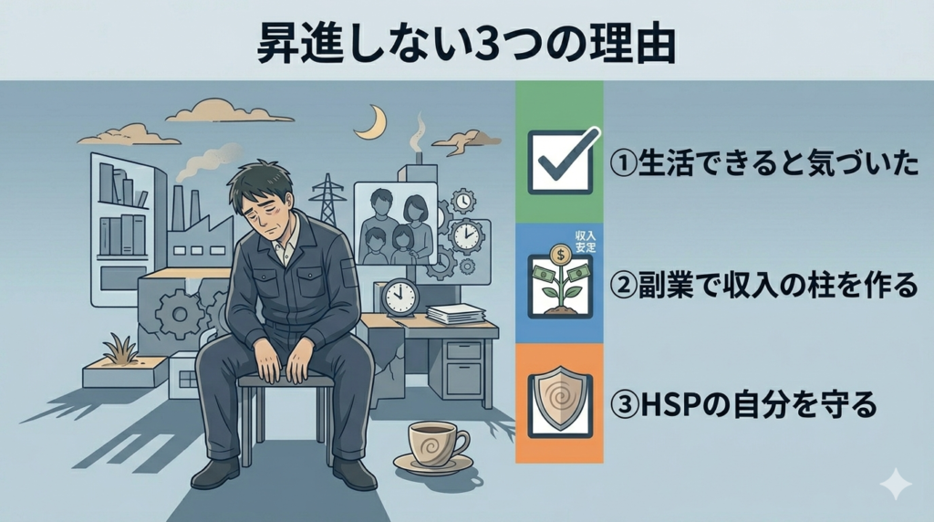 3つのチェックボックスに順番にチェックが入っているイラスト。各項目に対応したシンプルなアイコン（家・木・盾）が並んでいる。「明確な理由・整理された思考」を感じさせるインフォグラフィック風のデザイン。