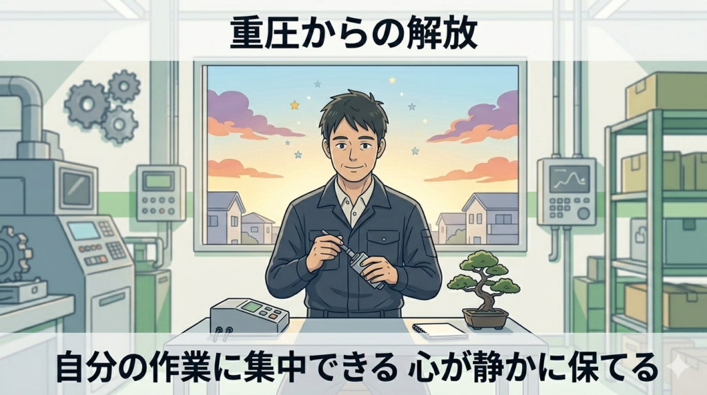 工場で一人、穏やかな表情で作業に集中している40代日本人男性のイラスト。「責任の範囲が明確・自分のペース・心の静けさ」を感じさせる雰囲気。