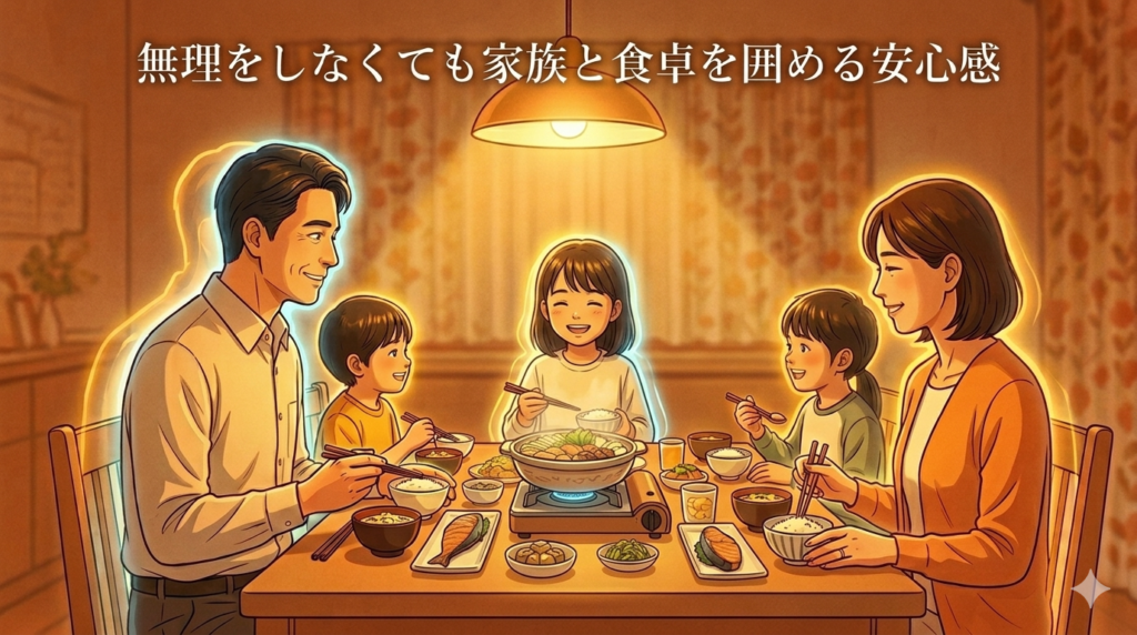 夕食の食卓で家族と笑顔で向き合っている40代日本人男性のイラスト。「安心・温かさ・人間らしい暮らし」という穏やかな幸福感。