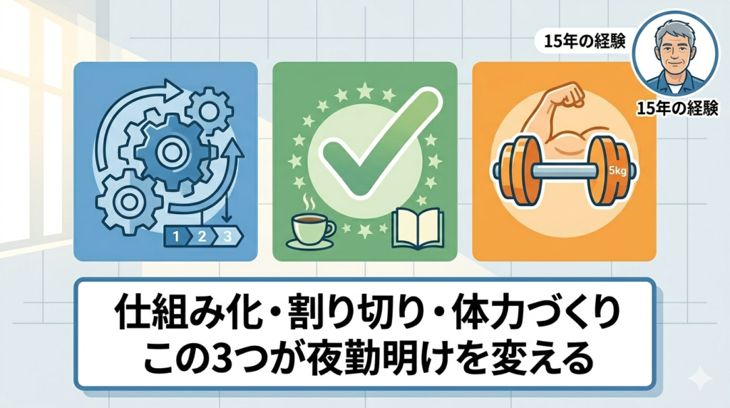 3つのアイコン（歯車・チェックマーク・ダンベル）が並んだシンプルなイラスト。「攻略・実用・再現性」を感じさせるインフォグラフィック風のデザイン。