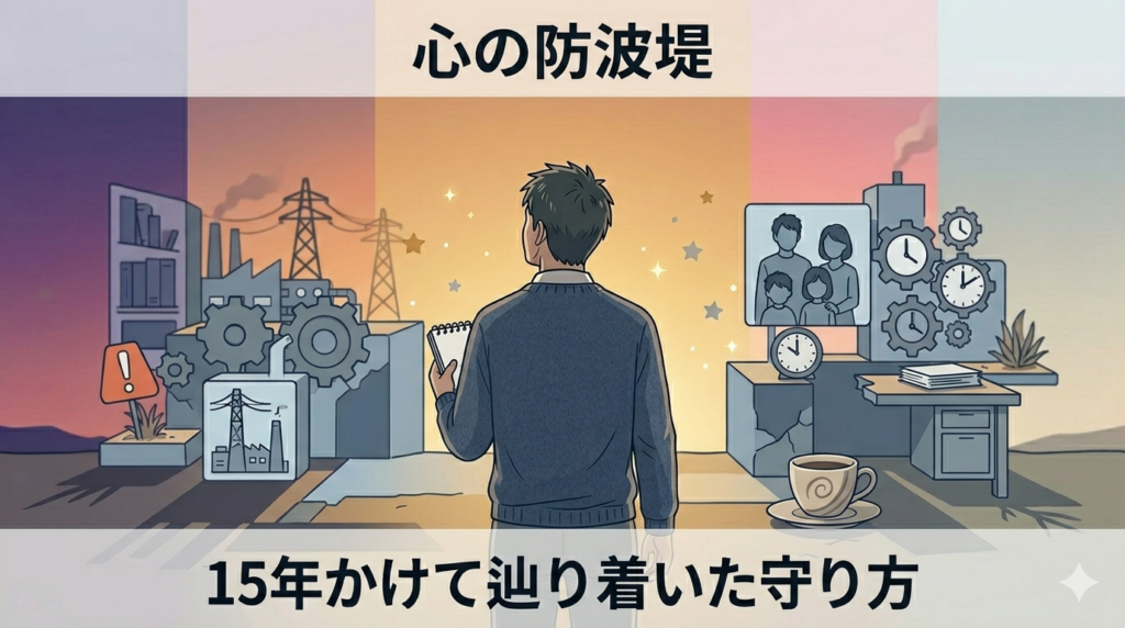 荒れた海の前に静かに立っている40代日本人男性の後ろ姿のイラスト。波は荒いが、男性は揺るぎなく立っている。「外の嵐に負けない内なる静けさ」の雰囲気。
