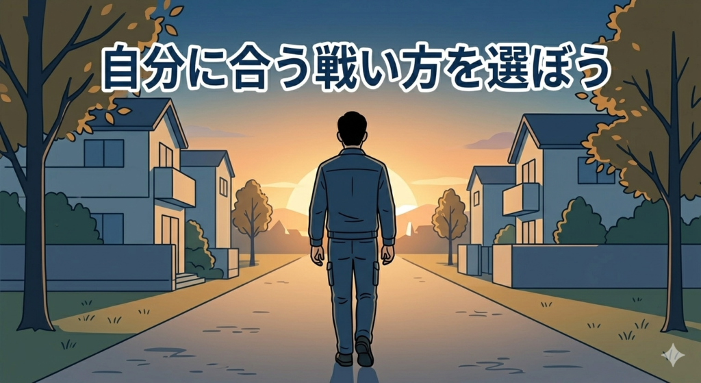 夕方の道を、40代の日本人男性がゆっくり前へ歩いていく後ろ姿。未来へ進むイメージ。