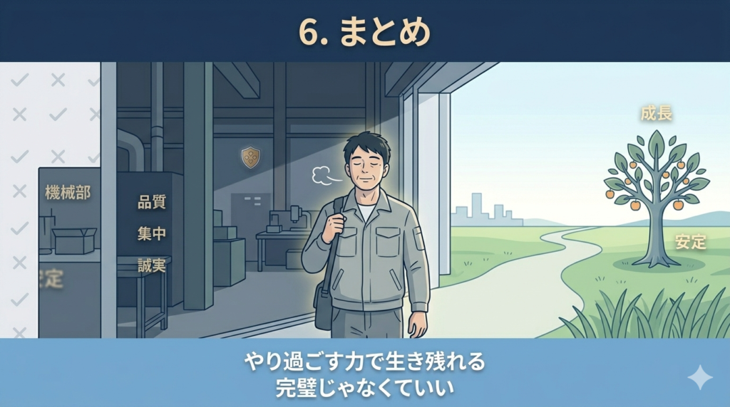 工場の出口から外に出て、深呼吸している40代日本人男性のイラスト。「今日も乗り越えた・また明日」というシンプルな達成感。