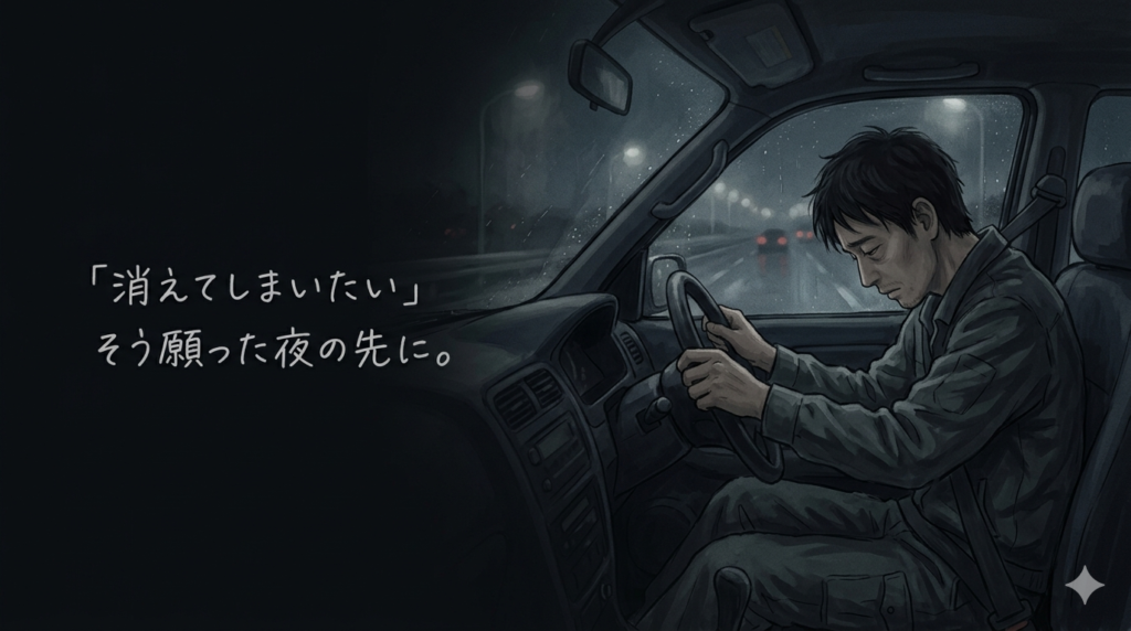 。30〜40代の日本人男性が、夜勤明けの薄暗い車内でハンドルを握り、力なくうつむいている姿。車窓の外は雨に濡れた国道と、ぼやけた街灯の光。全体的にダークブルーやグレーを基調とした、重く沈んだトーン。画面の右側に男性を配置し、左側には大きく「絶望と孤独」を感じさせる空虚な余白を作る。