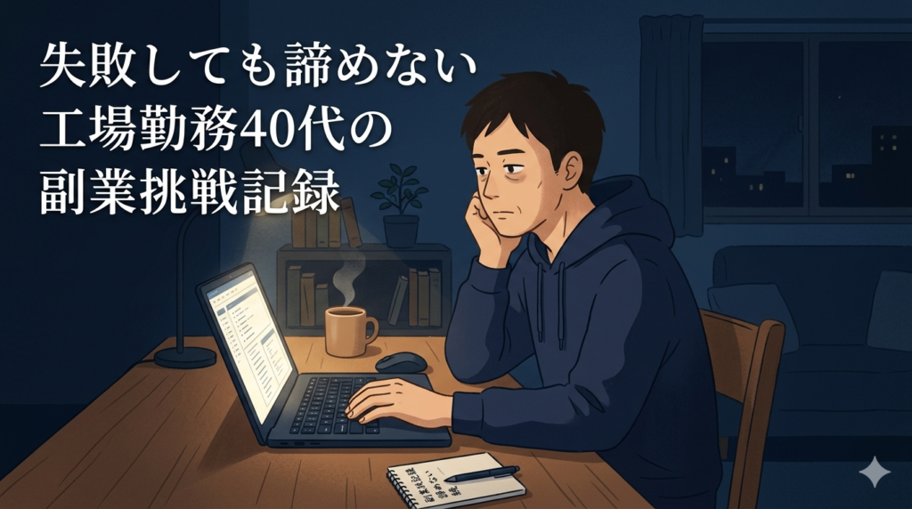 深夜のリビングでノートパソコンに向かっている40代日本人男性のイラスト。疲れているが前を向いている表情。「まだ結果は出ていないけど続けている」静かな意志。ダークブルーと画面の光のコントラスト
