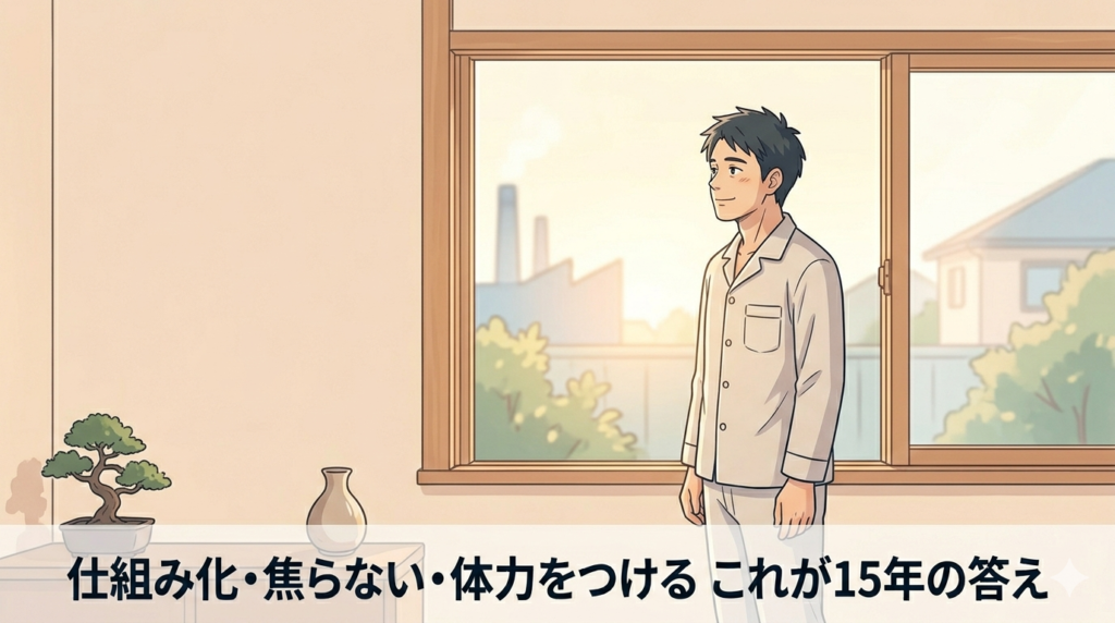 穏やかな表情で窓の外を眺めている40代日本人男性のイラスト。背景は柔らかい朝の光。余白多め。「静かな強さ」「長く続けられる」雰囲気。ミニマルで余白の多い構図。暖色系の落ち着いた色調。