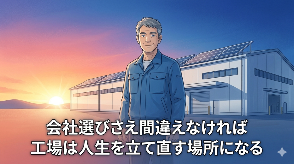 夜明けの空を背景に、新しい工場の前に立ち前を向いている40代日本人男性のイラスト。「長い夜が終わり新しい朝が来た」「再スタート・希望・確信」の雰囲気。