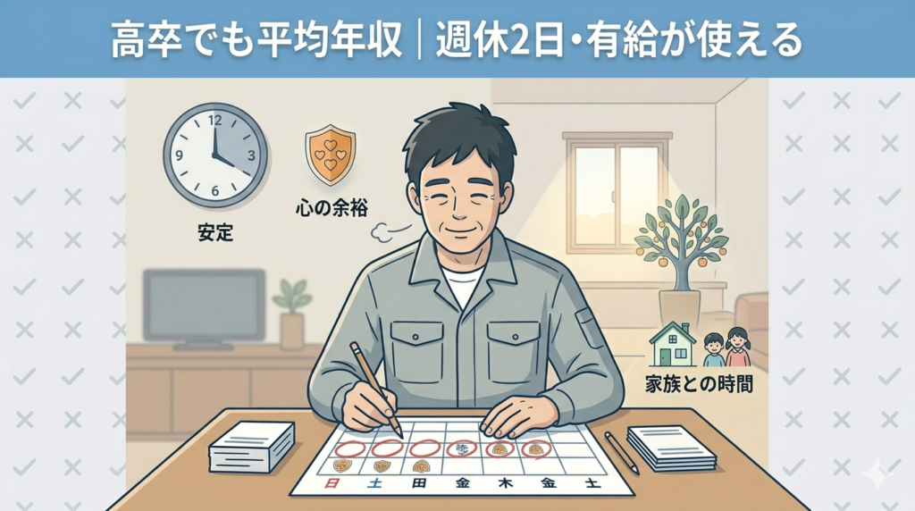カレンダーに土日に丸をつけながら笑顔の40代日本人男性のイラスト。「安定・休日・家族との時間」を感じさせる温かい雰囲気。