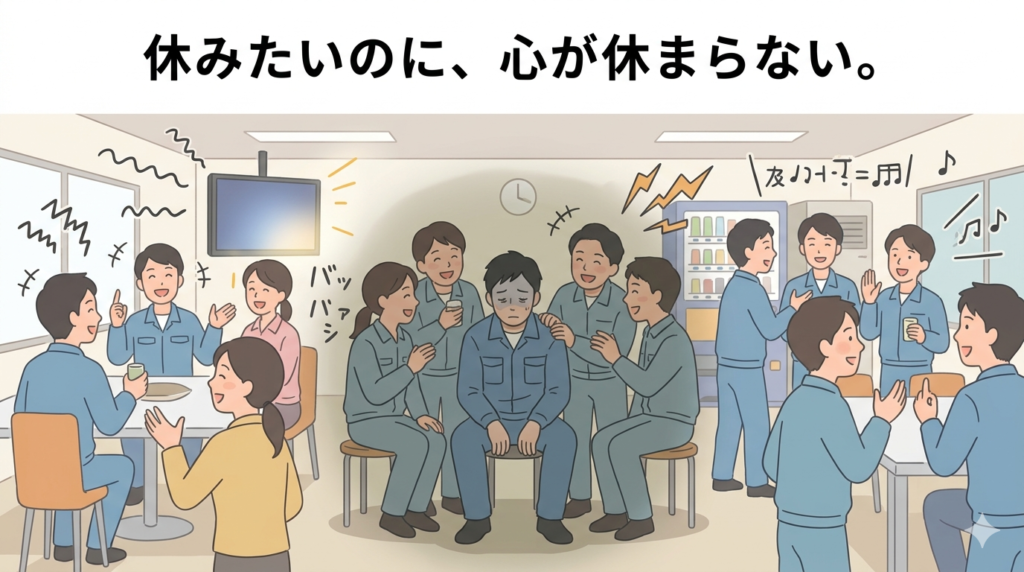 日本の工場の賑やかな休憩室。テレビの光、複数の同僚が笑顔で話している声が、物理的なノイズ（波形や記号）として空間を埋め尽くしている。その中心で、作業着を着た30代後半の日本人男性が、輪に入りながらも疲れ果てた表情で、小さく俯いている。