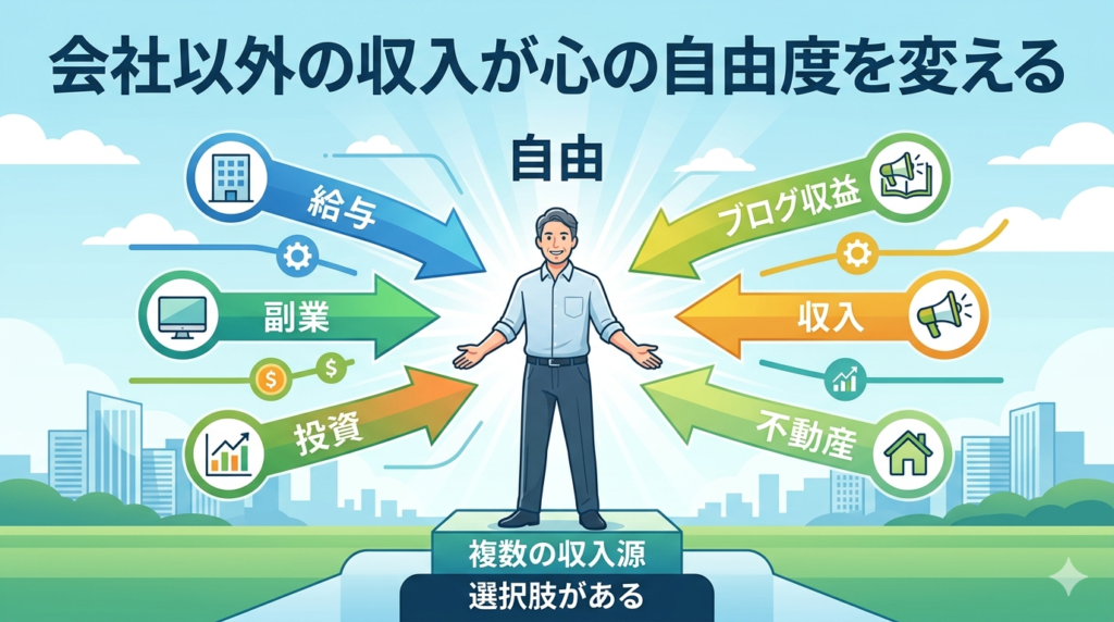 複数の収入源を表す矢印が一人の男性に向かっているイラスト。「依存しない・選択肢がある・自由」を視覚的に表現。ブルーとグリーンの明るい色調。