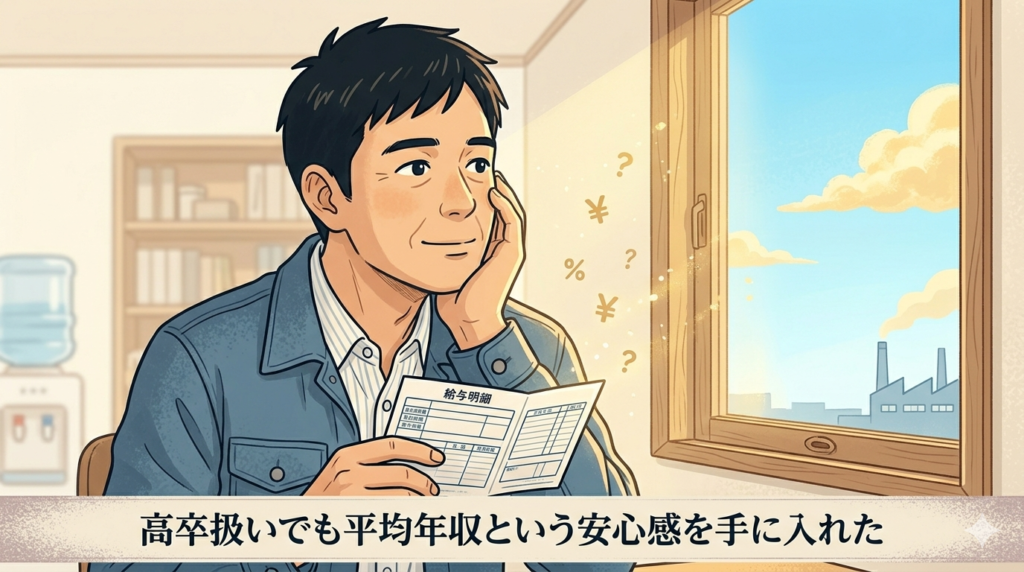 給与明細を手に持ち安堵の表情で窓の外を見ている40代日本人男性のイラスト。窓の外には明るい青空。「長い苦労の末にたどり着いた安心」の穏やかな達成感。暖かいゴールドと青空のやさしい色調。