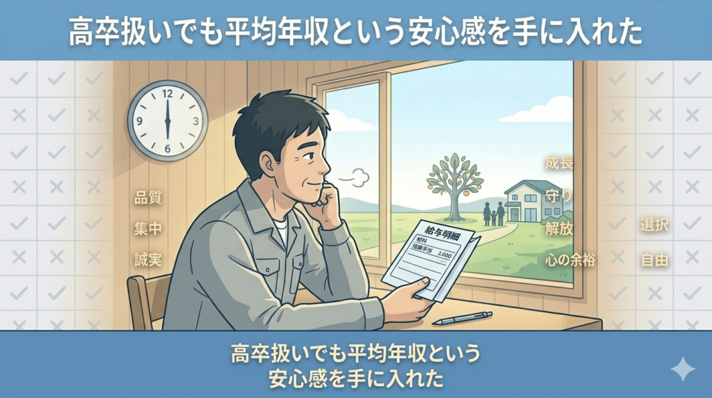 給与明細を手に持ち、安堵の表情で窓の外を見ている40代日本人男性のイラスト。窓の外には明るい青空。「長い苦労の末にたどり着いた安心」の穏やかな達成感。