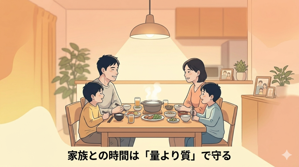 40代の日本人男性が夕食の食卓で家族と笑顔で向き合っているイラスト。背景には温かい照明と家庭的な食卓。夜勤週のすれ違いと、昼勤週の限られた時間を大切にしている雰囲気を表現。