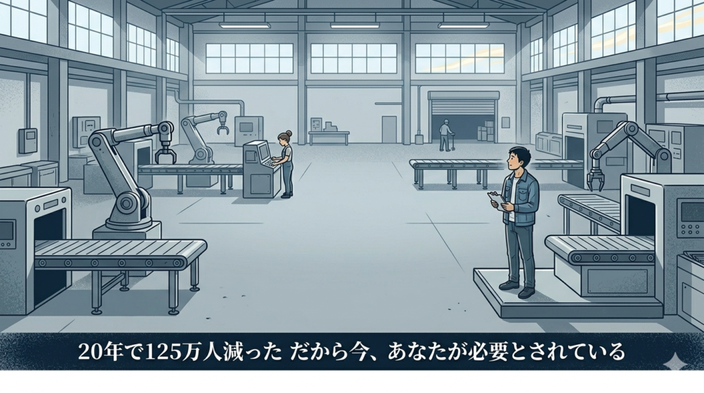 がらんとした工場の作業場に少人数しかいない様子を表したイラスト。「人が足りない・現場の切実さ」が伝わる雰囲気。暗すぎず、静かな緊張感。