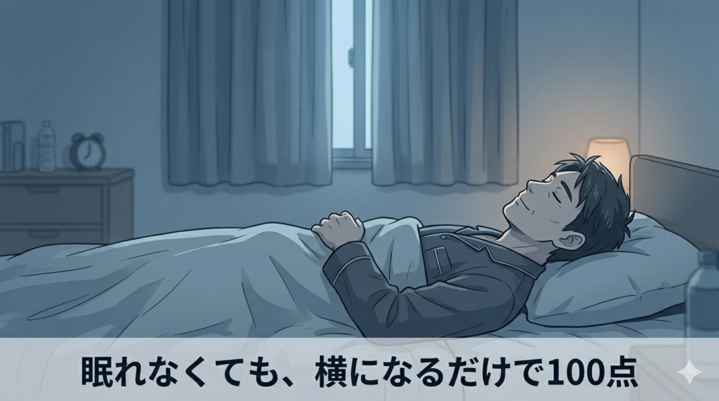 薄暗い寝室でベッドに横になっている40代日本人男性のイラスト。目を閉じているが眠れていない様子。穏やかで焦りのない表情。カーテンの隙間から朝の光が少し差し込んでいる。