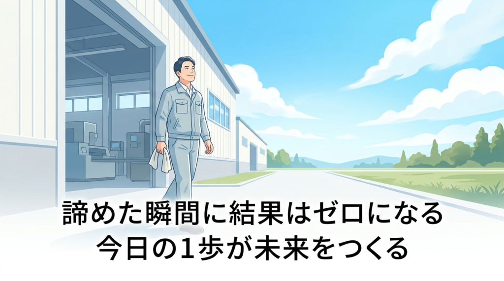 工場の出口から外に出て、明るい空を見上げている40代日本人男性のイラスト。「続けてきた先にある希望」シンプルな達成感。