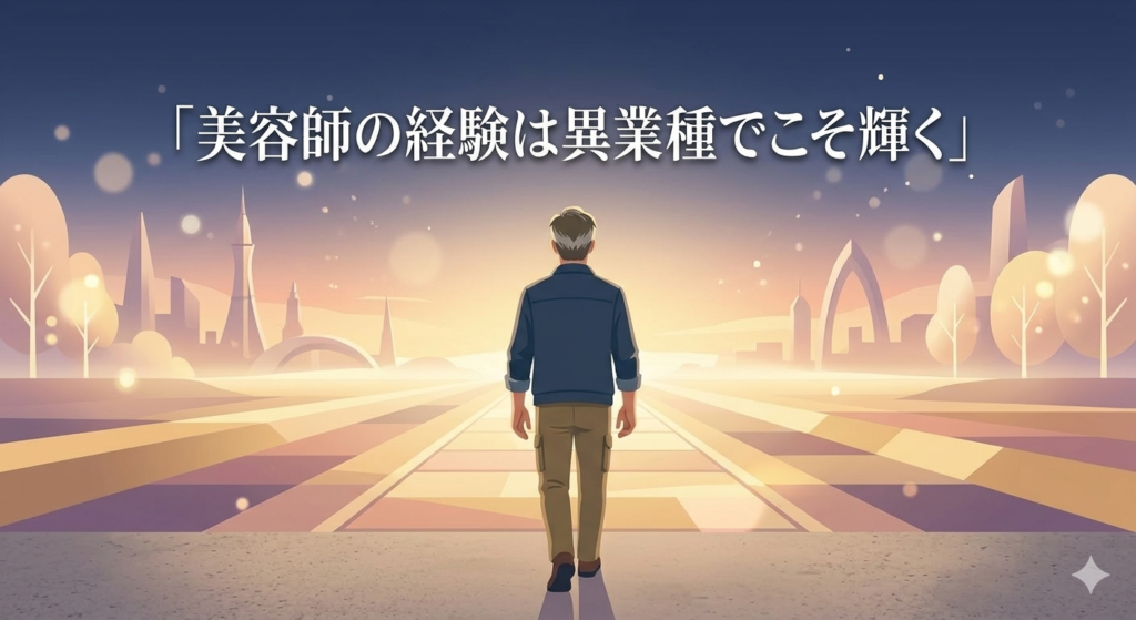 未来に向かって歩く40代の日本人男性の後ろ姿。背景は柔らかい光の道。