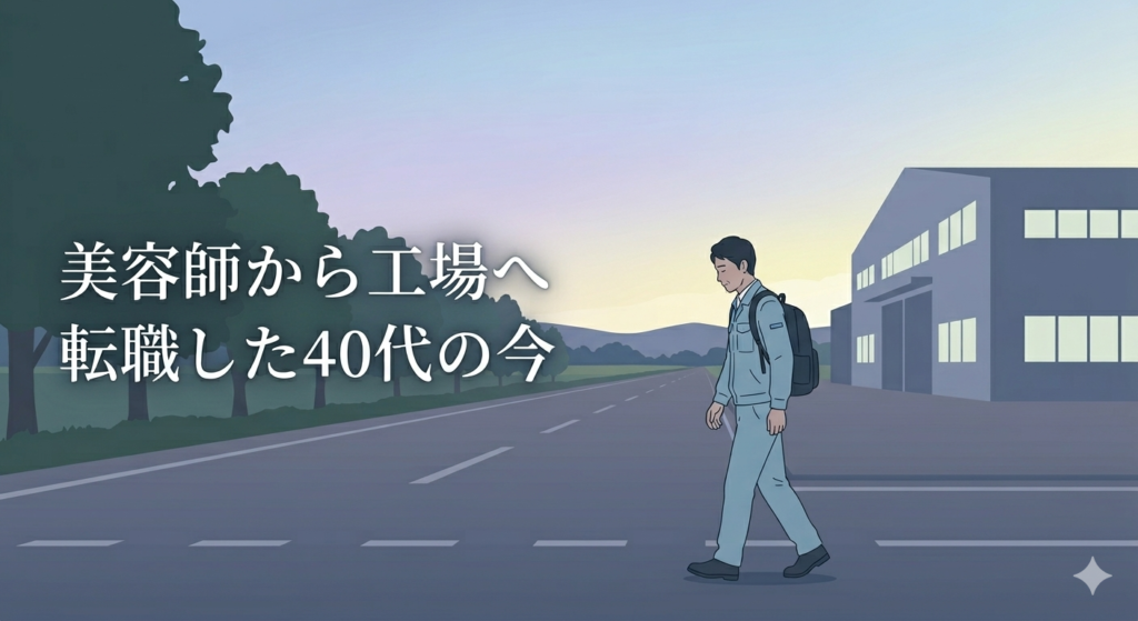 0代の日本人男性が夜勤明けに工場の外を歩いている様子。早朝の薄明かり、静かな雰囲気。