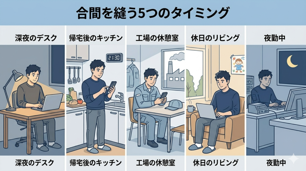 5つのシーン(深夜のデスク・帰宅後のキッチン・工場の休憩室・休日のリビング・夜勤中)が格子状に並んだイラスト。各シーンにスマホやパソコンを使っている40代日本人男性が小さく描かれている。