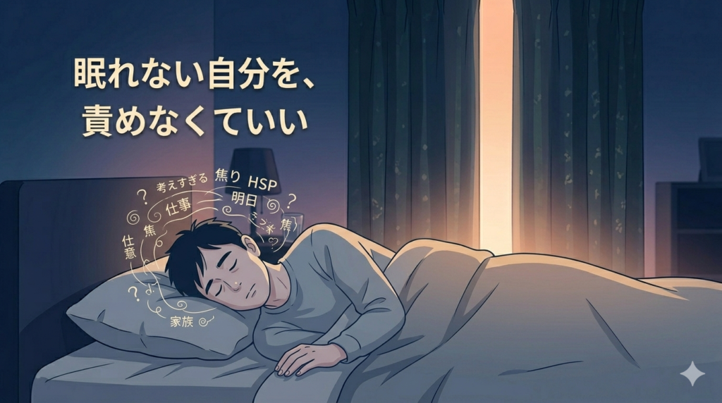 を閉じているが眠れていない40代日本人男性のイラスト。頭の中でぐるぐると考えが回っている様子を、頭の周りに小さな渦巻きで表現。「焦り」「疲労」「孤独」が共存する静かな表情。落ち着いたブルーグレーの色調。