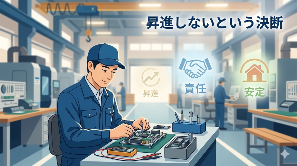 工場の現場で、落ち着いた表情で作業に集中する40代男性。背景に「責任」「昇進」「安定」のアイコンが淡く浮かぶ。青と暖色のバランスが取れた落ち着いた色調。シンプルなフラットイラスト風。横長（16:9）。
画像内に「昇進しないという決断」と入れる。