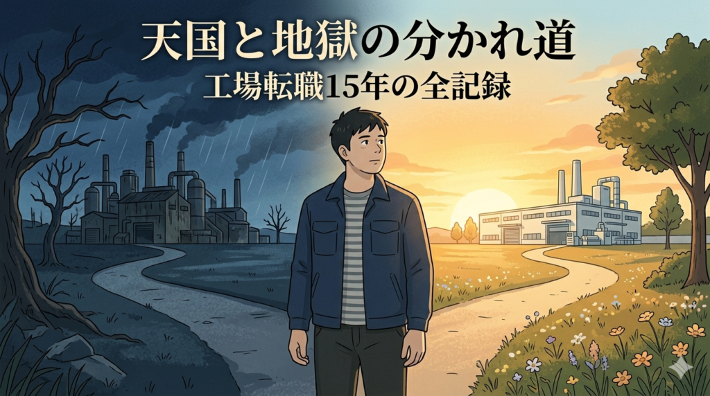 分岐する二本の道の前に立っている25歳ごろの日本人男性のイラスト。左の道は暗く重い工場のイメージ、右の道は明るく希望のある工場のイメージ。「選択・岐路・人生の分かれ道」という詩的な雰囲気。