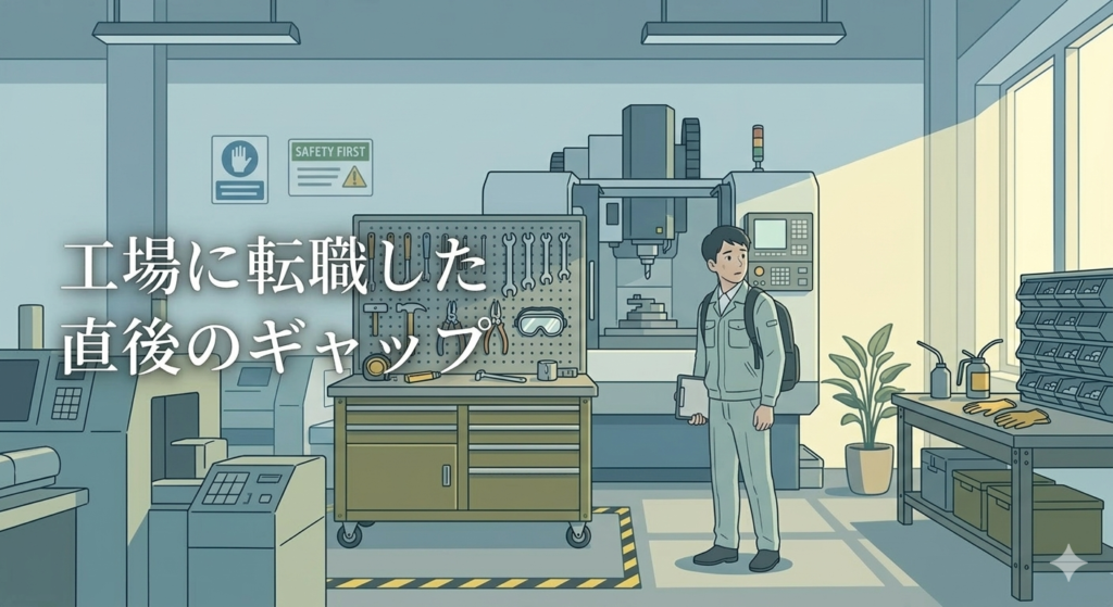 工場の作業現場で、初めての仕事に戸惑う若い日本人男性作業員。機械や作業台が並ぶ背景。
