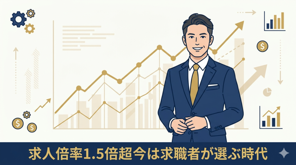 右肩上がりのグラフを背景に、自信を持った表情で立っている40代日本人男性のイラスト。「データ・好機・有利な市場」という実用的で力強いイメージ。