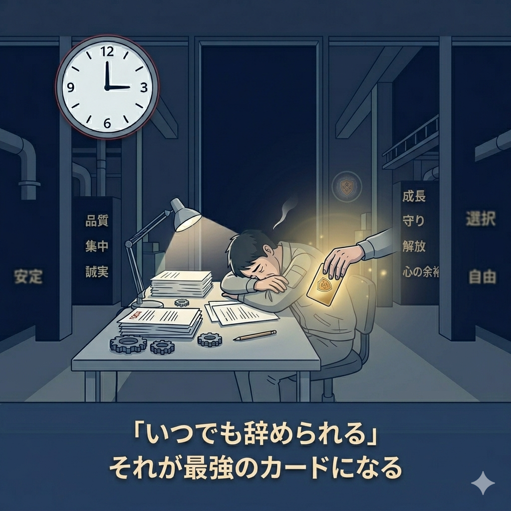 懐から一枚のカードを静かに取り出している40代日本人男性のイラスト。カードには光が宿っており「切り札」「自由」「強さ」を象徴している。「秘めた力を持つ者の静けさ」を感じさせる構図。