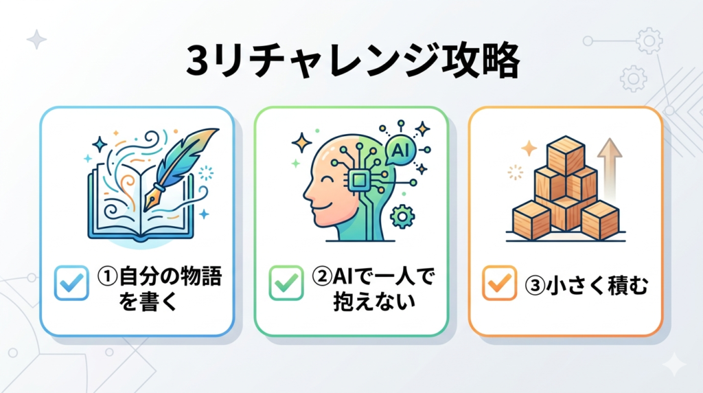 3つのチェックボックスに順番にチェックが入っているイラスト。各項目に対応したシンプルなアイコン(ペン・AI・積み木)が並んでいる。「明確な戦略・整理された行動指針」インフォグラフィック風。