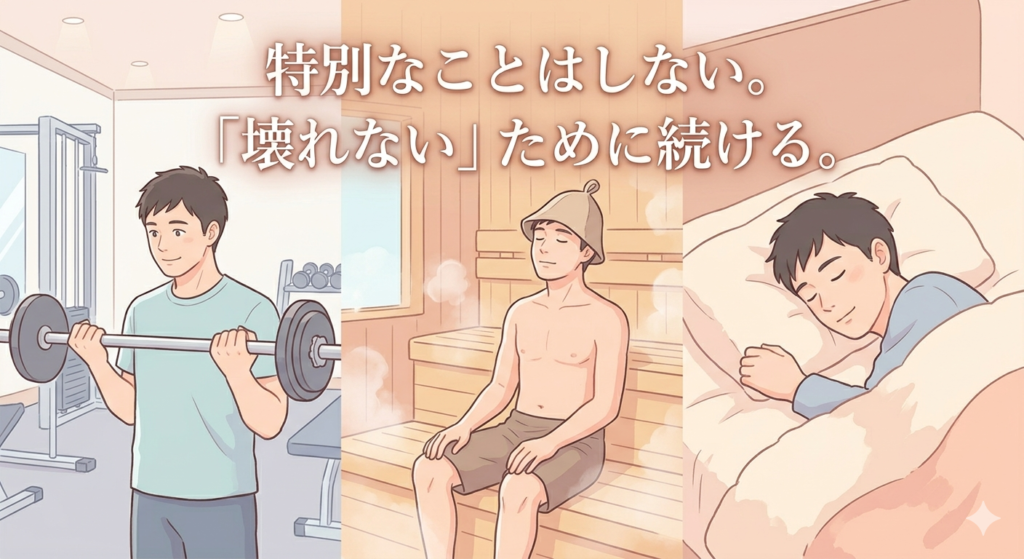 画面は縦に3分割されている。
左:バーベルを静かに持ち上げる30〜40代の日本人男性(穏やかな表情、ジム)。
中:サウナハットをかぶり、湯気の中で目を閉じてリラックスする男性(スーパー銭湯)。
右:布団の中で穏やかに目をつむる男性(睡眠)。
3つのシーンはシームレスにつながっており、全体を優しい光が包んでいる。
テキストは画面上部の、3つのシーンをまたぐような位置に配置。
希望と、自分を取り戻しつつある安定感を表現。