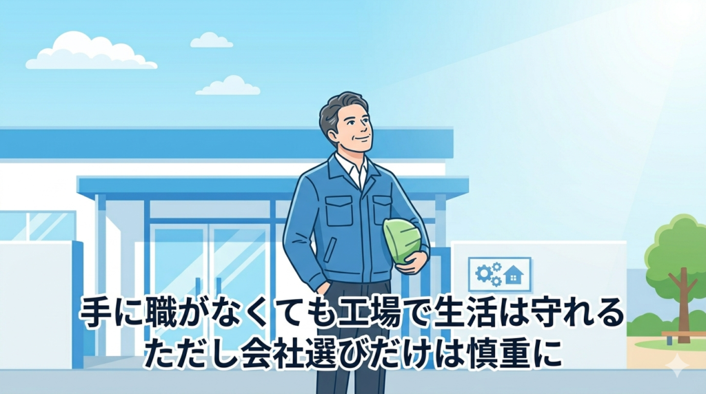 工場の出口から外に出て、明るい空を見上げている40代日本人男性のイラスト。「今日も仕事を終えた・これからも続けられる」シンプルな達成感。