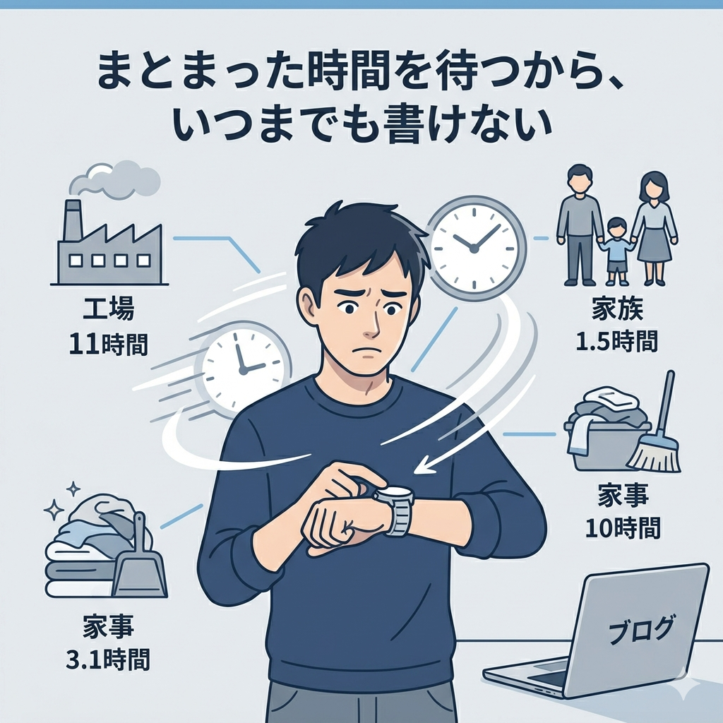 時計を見ながら困った表情をしている40代日本人男性のイラスト。背景に工場・家族・家事のアイコンが散りばめられている。