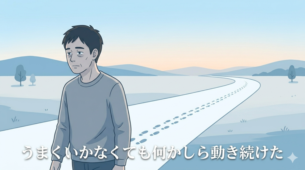 小さな一歩を踏み出し続けている40代日本人男性のイラスト。足跡が続いており「遠くには行けていないけど止まっていない」雰囲気。