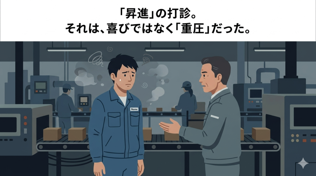 工場の生産ラインの傍らで、上司から「職長」への昇進を打診され、複雑な表情を浮かべる30代後半の日本人男性作業員のフラットイラスト。作業服を着た男性は、上司の言葉に対して喜びではなく、戸惑いや微かな不安を感じている。背景の工場内は機械の稼働音が聞こえそうな雰囲気で、少し薄暗く、男性の心の内を表すような少し重いトーンの色調。横長16:9の構図。男性の周囲には、これからの責任やプレッシャーを象徴するような、少し淀んだ空気感が漂っている