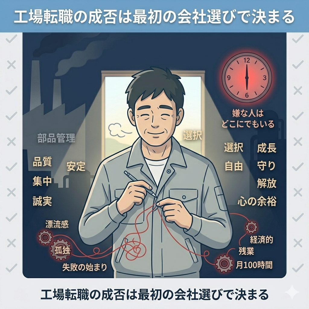 シャツのボタンを掛け違えている様子を象徴的に表現したイラスト。「最初の一歩の重要性」「小さなズレが大きな影響を生む」という詩的なメタファー。工場のシルエットを背景に。