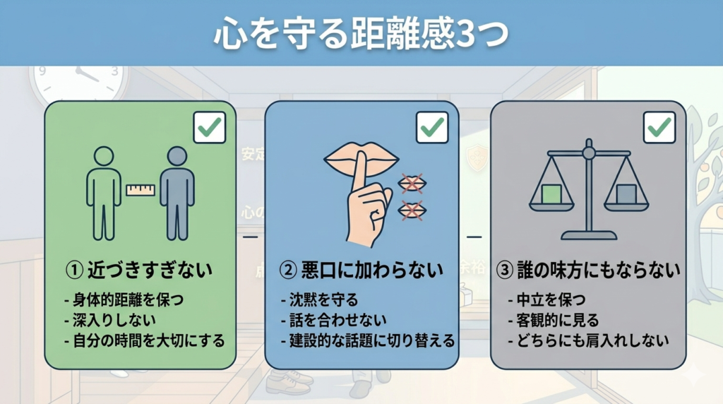 3つのチェックボックスに順番にチェックが入っているイラスト。各項目に対応したシンプルなアイコン(距離・沈黙・中立)が並んでいる。「明確なルール・整理された行動指針」を感じさせるインフォグラフィック風。