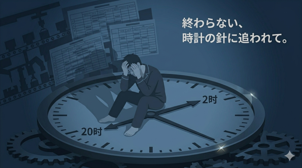 巨大な時計の文字盤の上に、30〜40代の日本人男性(作業着姿)が力なく座り込んでいる。時計の針は「20時」「2時」を指しており、背景には複雑に絡み合った工場のラインやスケジュール表が影のように重なっている。