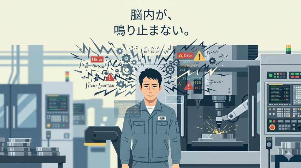 工場のマシニングセンターの前で、作業着を着た30代後半の日本人男性が、機械の音や目まぐるしく変わる数値に囲まれて立っています。彼の頭の周りには、ギザギザした線や複雑な数式、警告マークなどの「ノイズ」が視覚的にあふれ出しており、脳がフル回転している様子を表現しています。全体的に彩度を抑えた冷たいブルーやグレーのトーン。