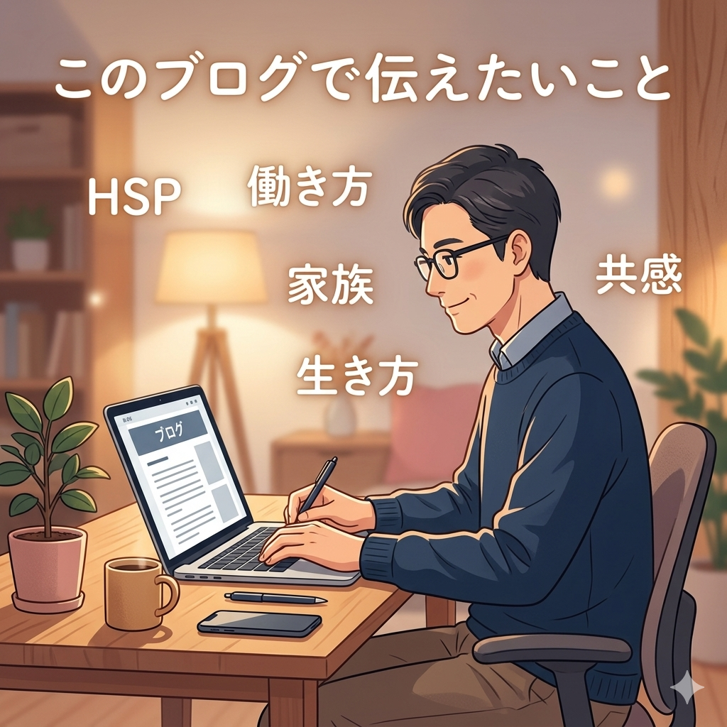 パソコンの前でブログを書いている40代男性。背景に「HSP」「働き方」「家族」「生き方」などのキーワードが柔らかく浮かぶ。暖色系の光で前向きな雰囲気。