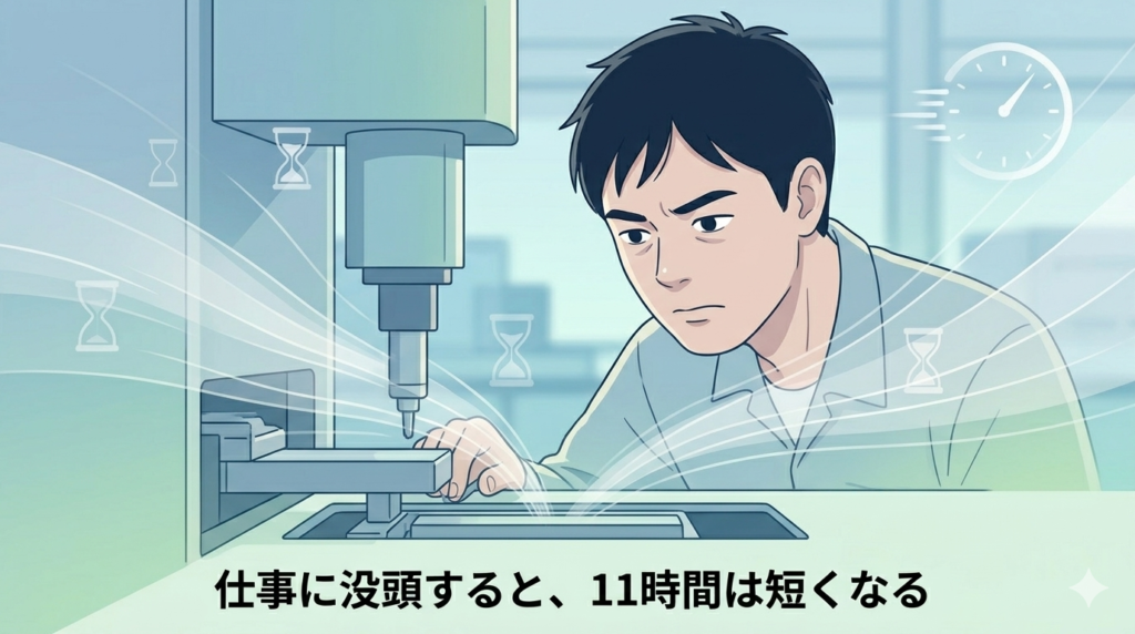 工場の機械に集中して向き合う40代日本人男性。背景に砂時計や流れる線を薄く配置し、「集中すると時間が早い」感覚を表現。