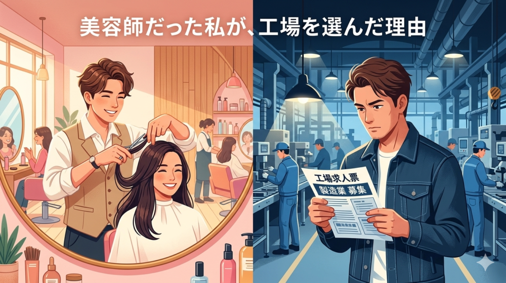 若い頃の男性美容師が鏡越しにお客様の髪を切っている姿と、工場の求人票を見つめる姿を左右に並べた対比構図。暖色系と青系の色調で過去と現在を表現。
