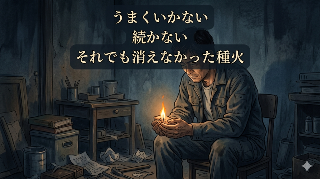 暗い部屋の中で一人座り、それでも小さな炎を手で守っている40代日本人男性のイラスト。「砂を噛むような日々の中の種火」を詩的に表現。