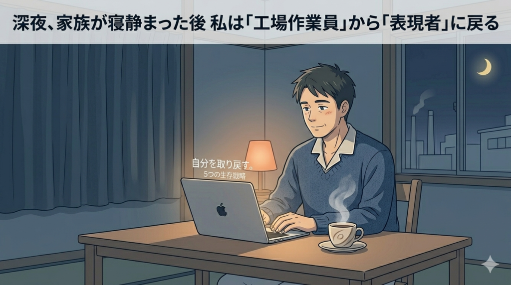 深夜の静かなリビングで、コーヒーカップを傍らにノートパソコンに向かっている40代日本人男性のイラスト。画面の光だけが顔を照らし、「自分の時間を取り戻した」穏やかな表情。