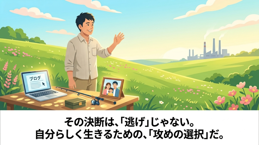 明るい光が差し込む、広々とした美しい丘の上に立つ40代日本人男性（私服：リラックスした服装）のフラットイラスト。彼は、遥か彼方に見える工場の煙突を背景に、穏やかで心からの笑顔を浮かべている。男性の横には、ブログを書くノートパソコン、釣具、家族との写真が、光に包まれて並んでいる。15年前の自分（作業服姿の若い自分）に向けて、優しく手を振っているような雰囲気。