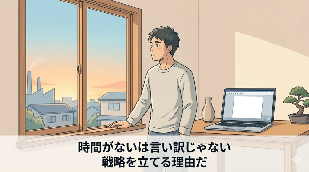 夜明けの空を窓から眺めている40代日本人男性のイラスト。ノートパソコンが開いたまま机の上にある。「やり遂げた静かな達成感」の雰囲気。