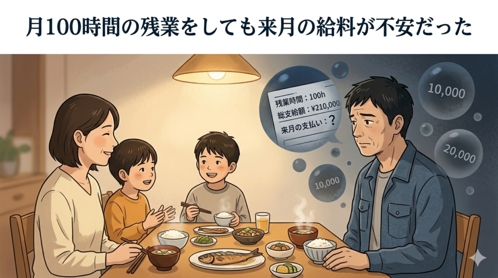 食の食卓で家族と向き合いながら心の中で不安を抱えている40代日本人男性のイラスト。表情は穏やかだが頭の中に給与明細と数字が浮かんでいるイメージ。