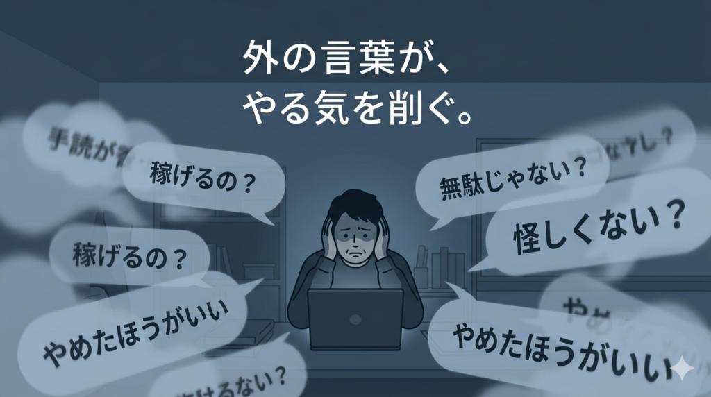 日本人男性（40代）が、薄暗い部屋でパソコンに向かっている。彼の周囲には、ぼんやりとした霧のような「吹き出し」がいくつもあり、そこから「稼げるの？」「無駄じゃない？」といった、ネガティブな言葉の波が彼に押し寄せている。男性は少し耳を塞ぐような仕草をしており、表情は暗い。