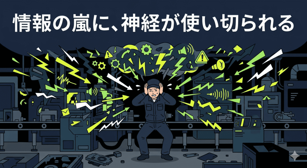 工場のラインに立つ日本人男性 worker のフラットイラスト。やわらかいタッチだが、背景は混沌としている。機械の稼働音、アラーム、飛び交う声を、無数の鋭い矢印や抽象的な記号、色の付いたノイズとして視覚化し、それが男性に降り注いでいる。男性は耳を塞ぎ、目を閉じて耐えている。色は暗いネイビー、黒、そして刺激を表す不快なネオンイエロー。男性は中央で小さく縮こまっている。
